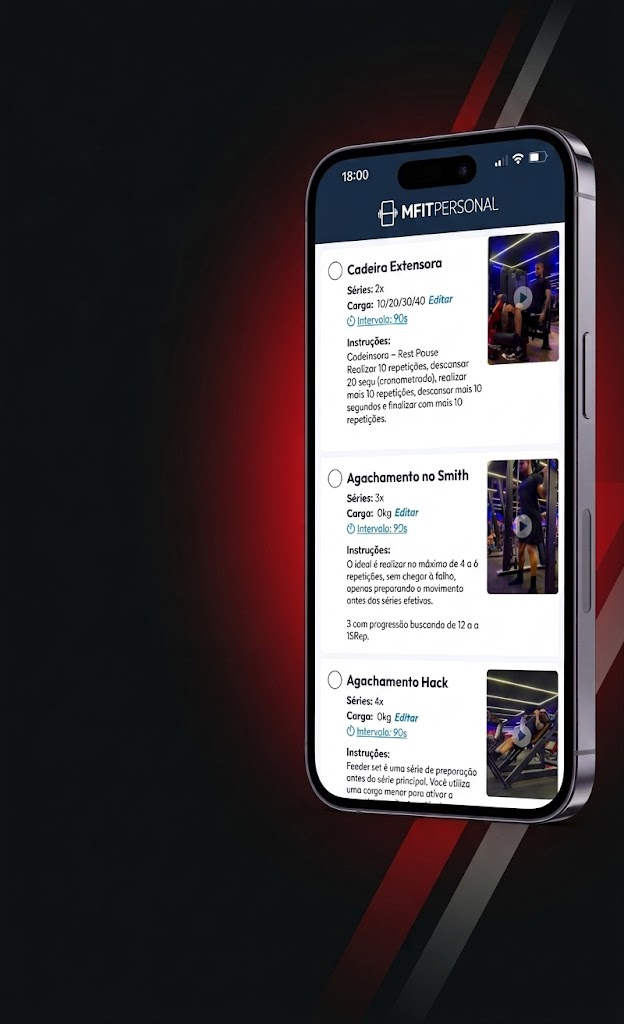 Mockup do app MFIT PERSONAL no celular com treino personalizado